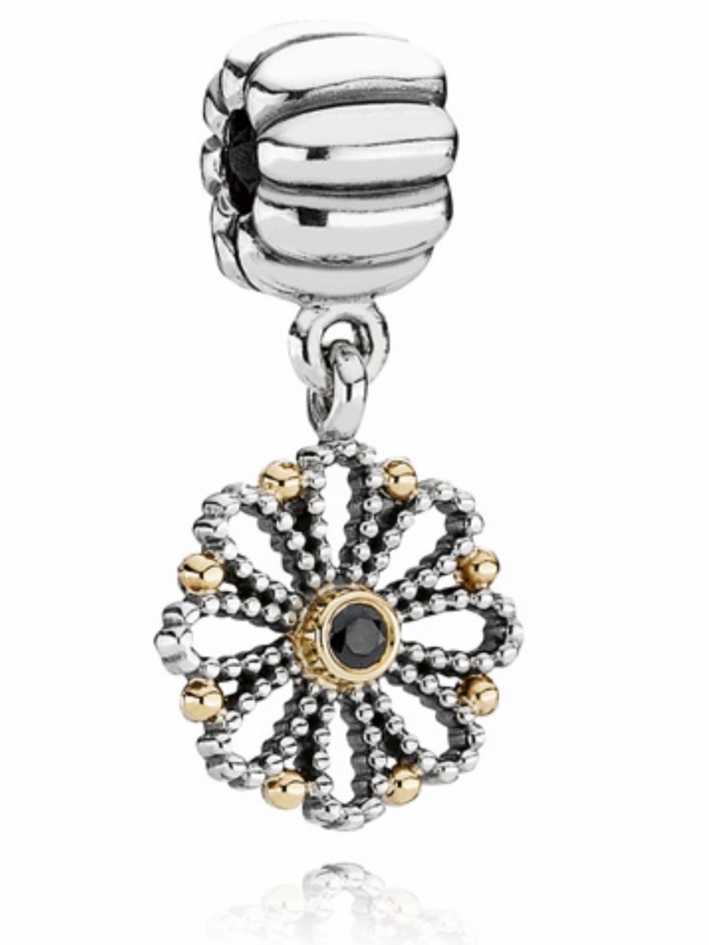 Pandora Lace Flower Dangle Clip Charm - Silver & Gold with Black Stone